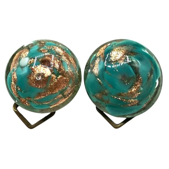 Vintage Murano Glass Earrings Signed  Made Italy Green Gold Glitter Clip Ons Cos - Picture 1 of 9
